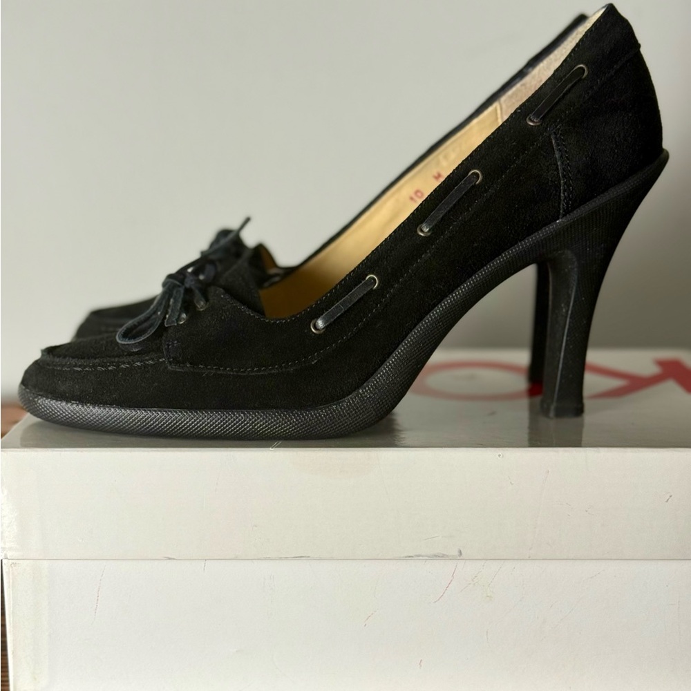 KORS Michael Kors Y2K Black Suede Penny Loafer Rubber Sole Pump Heels Size 10M - Picture 3 of 9